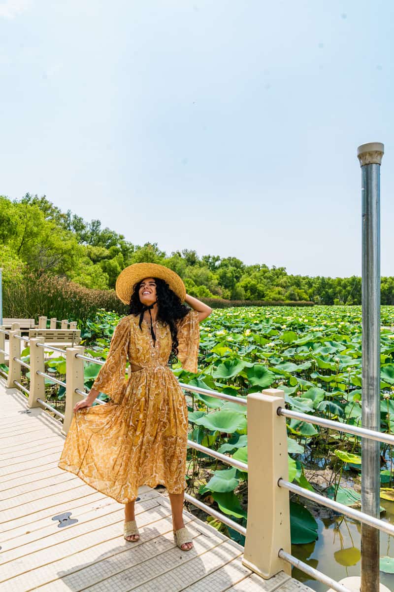 Woman standing on the boardwalk with lily pads in the background