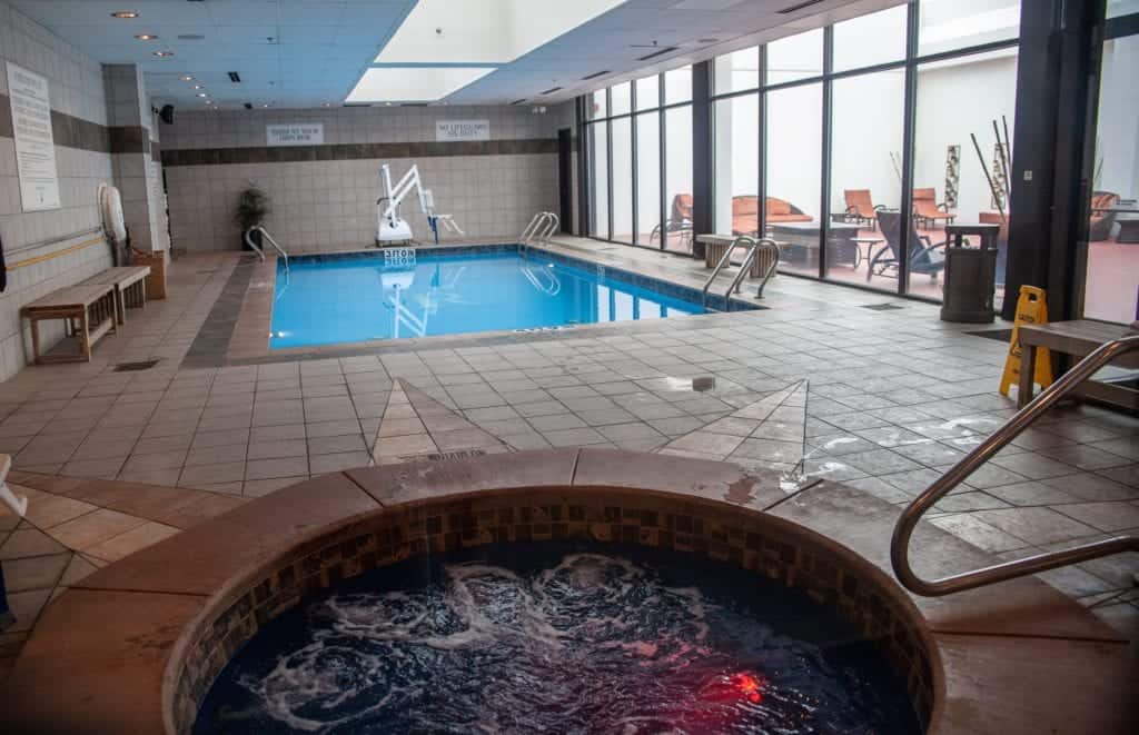 a swimming pool inside a building