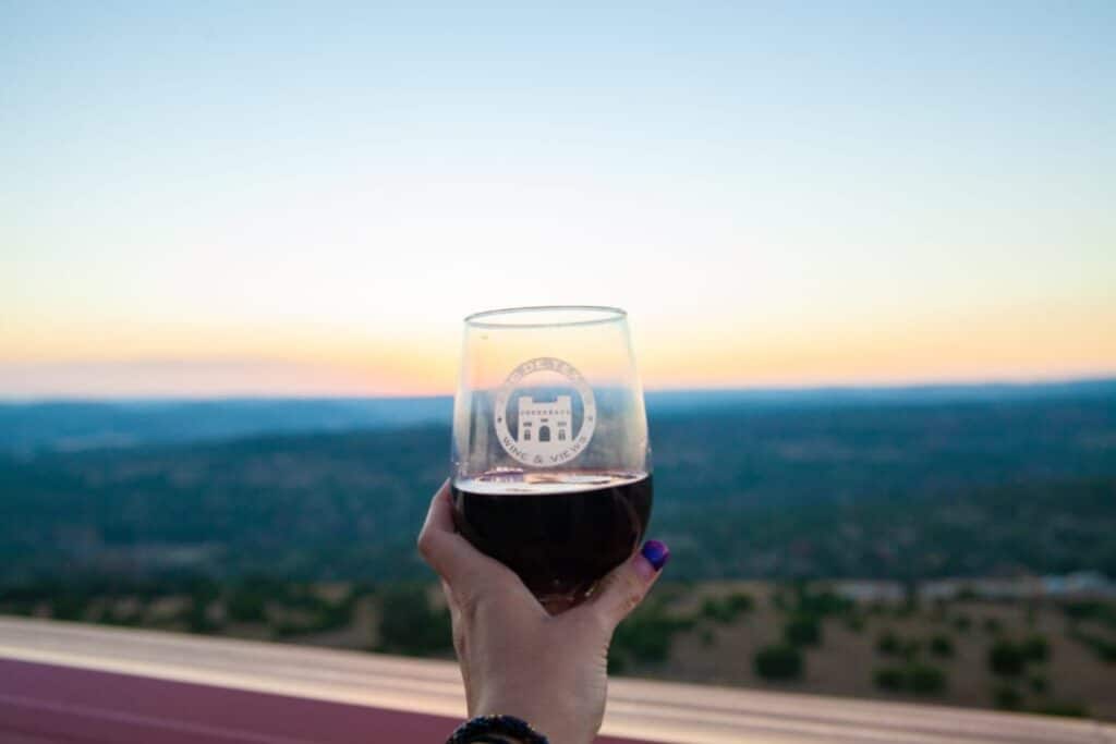 A hand holding a glass of wine with the Hill Country in the background