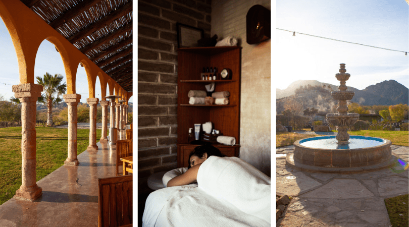 A triptych of a resort, a spa, and an outdoor fountain.