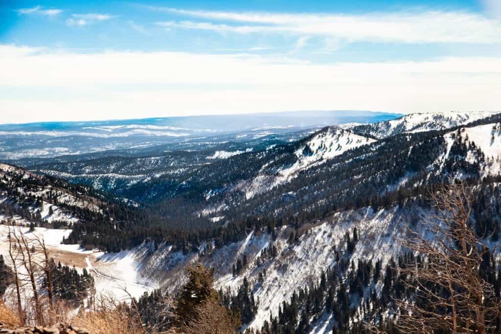 Snow-covered mountains with forested valleys