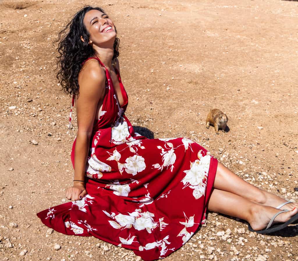 a person in a red dress sitting on the ground with a small animal