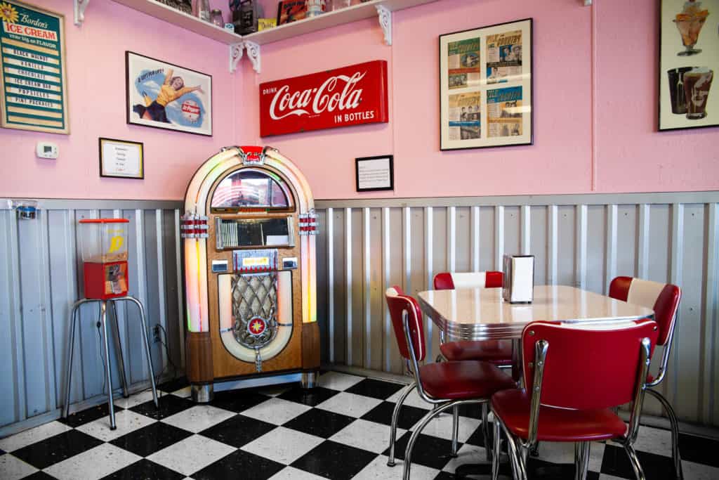 a table and chairs in a diner