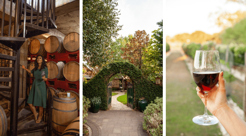 Triptych of wine-themed scenes: wooden barrels in a cellar, an archway in a garden