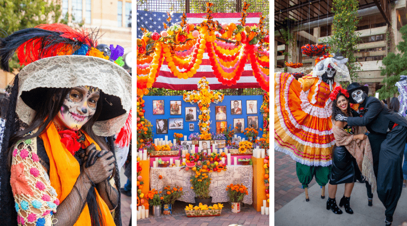 A montage of three images showcasing vibrant Day of the Dead