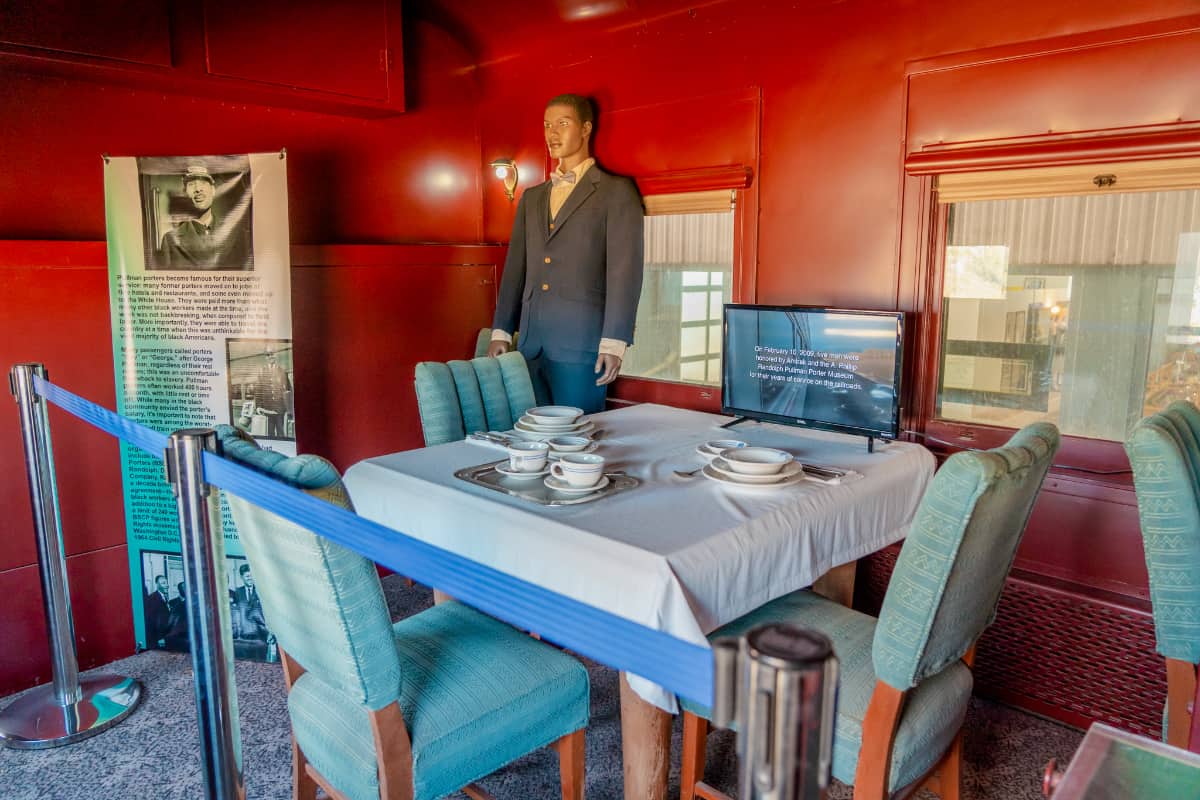 Display of dining room inside train car