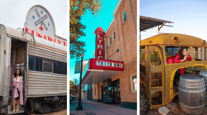 A triptych of a person by a vintage trailer, a retro cinema facade, and a person in an old bus.