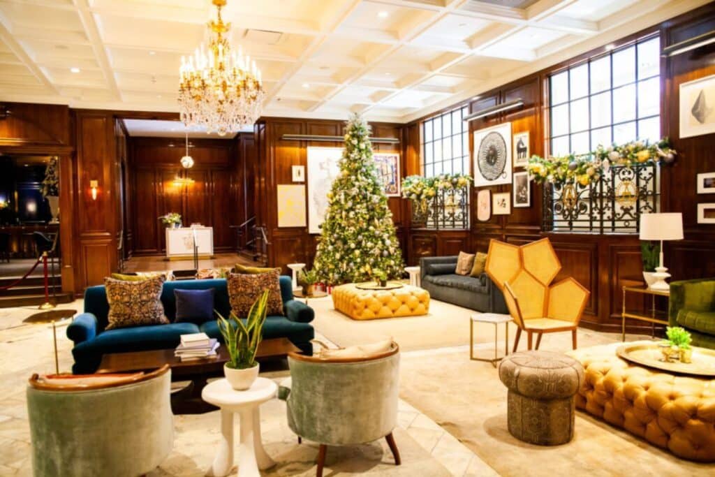Social lobby of the hotel decorated with Christmas decor