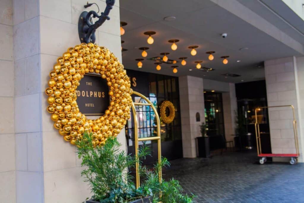 Wreath hanging at the front of the Adolphus Hotel