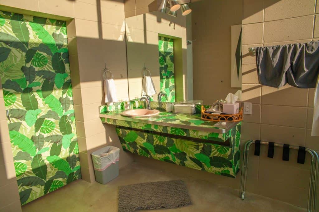 a bathroom with green leaves on the counter