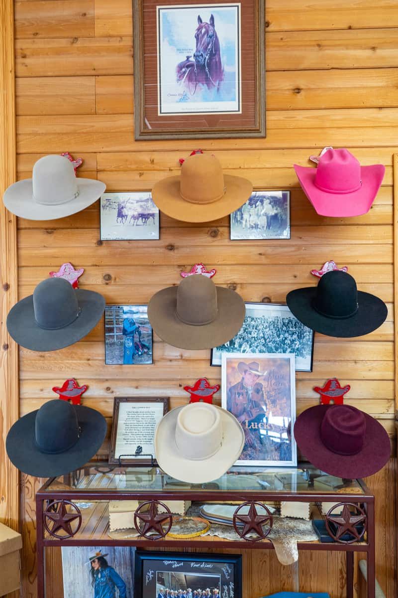 A collection of cowboy hats showcased on a display stand, offering a variety of colors, shapes, and designs.