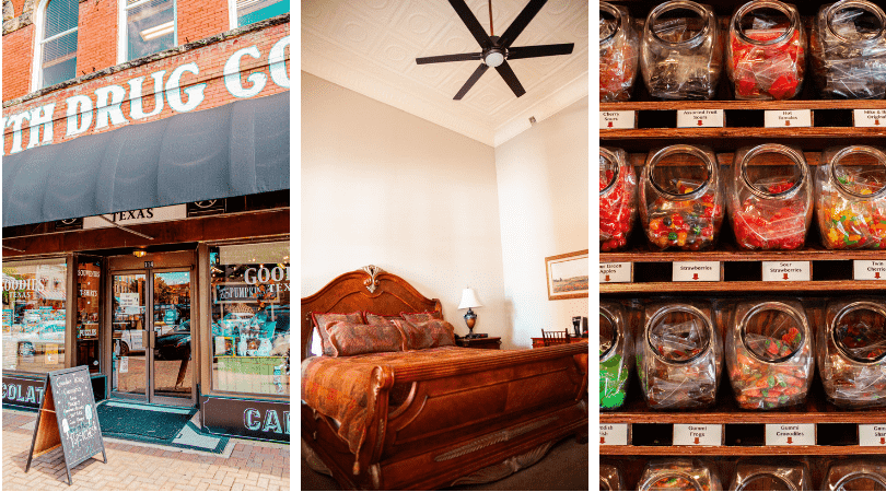 Triptych of a drugstore, cozy bedroom, and shelves.