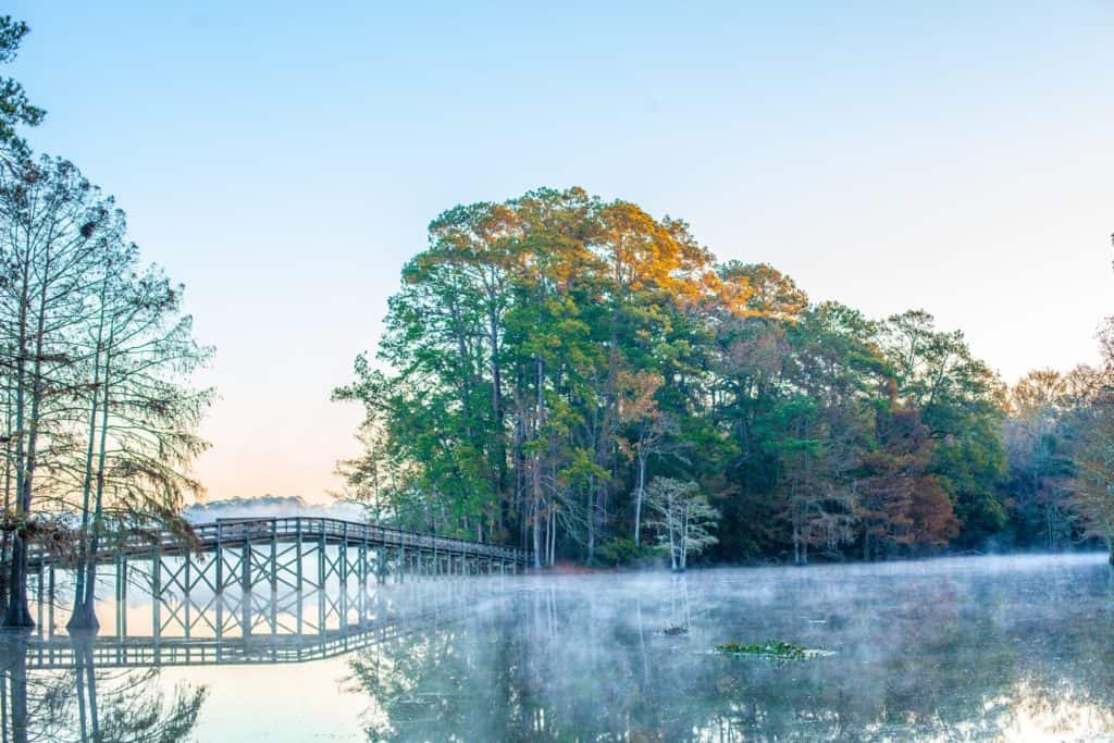 a wooden bridge over a lake with fog