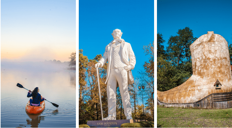 collage of a statue of a person in a white suit and a canoe in a lake