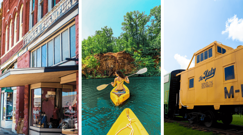 a collage of a woman in a yellow canoe