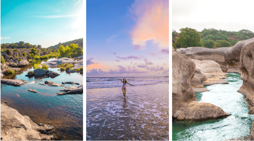 a collage of a woman in a swimsuit in the water