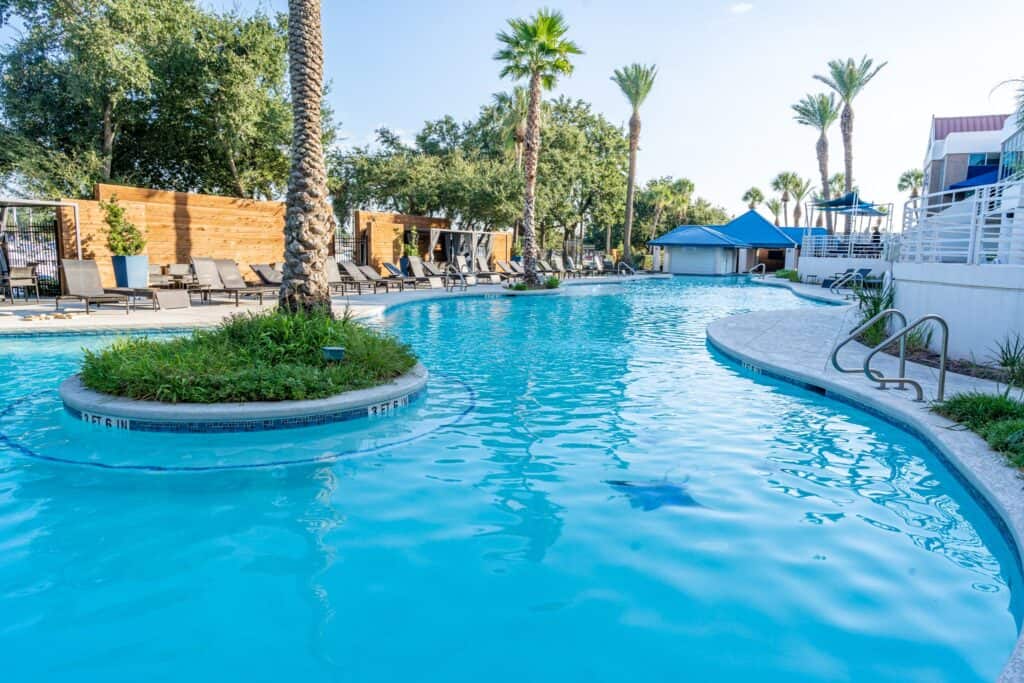 a pool with palm trees and chairs