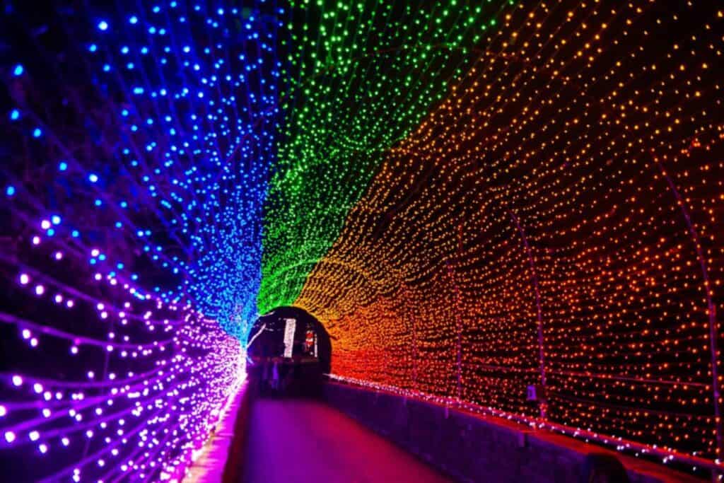 Archway way made of rainbow Christmas lights