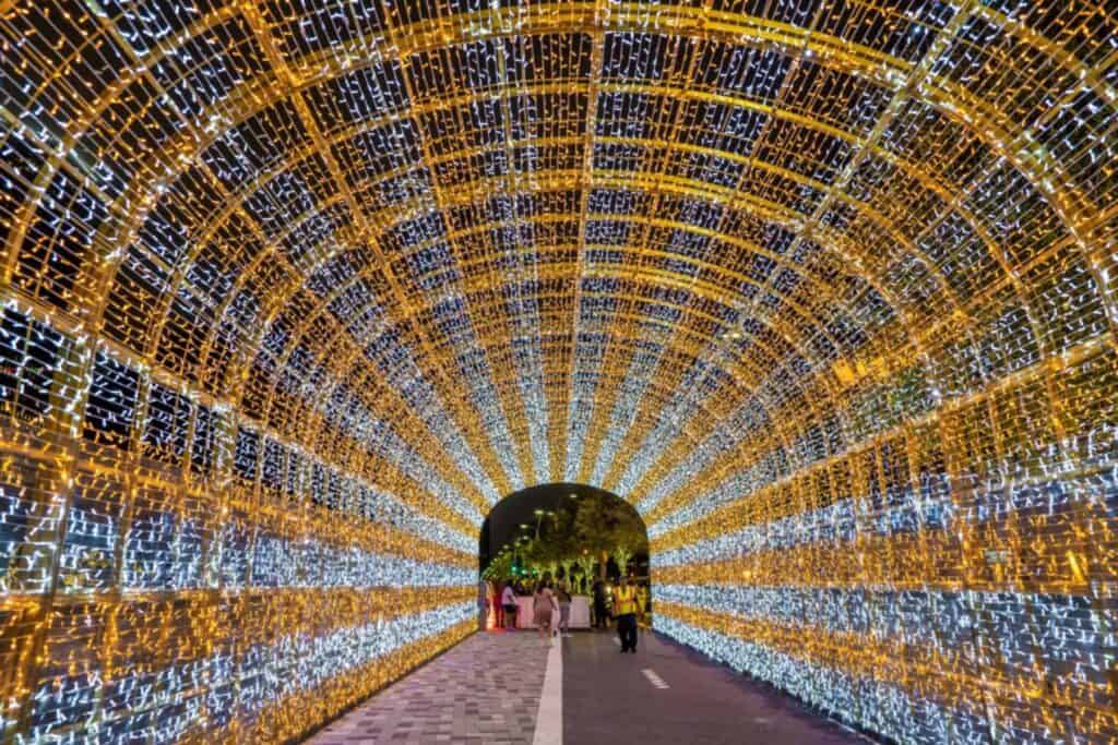 Yellow and white Christmas light archway