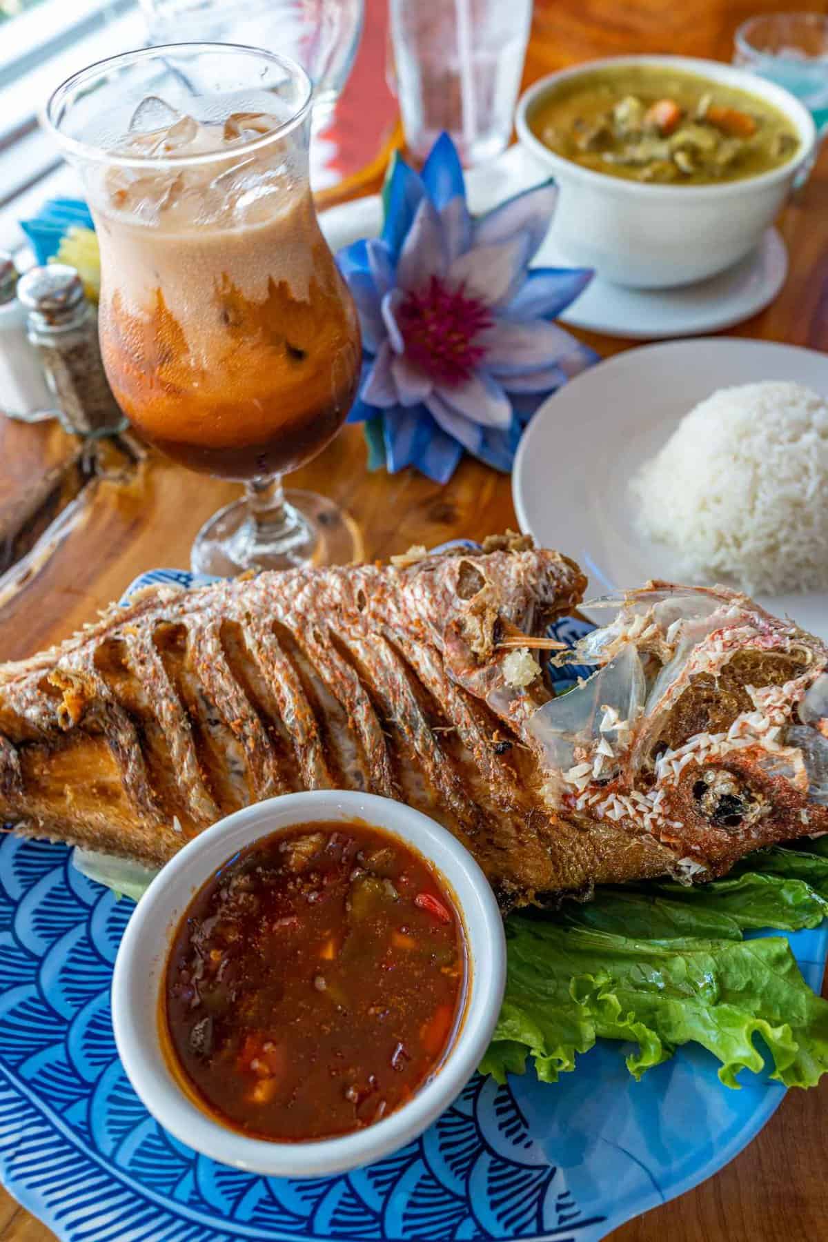 Fish, rice, and drink served at Nam Thai Restaurant & Bar in Bay Area Houston