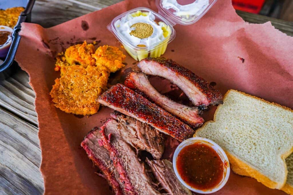 Ribs, corn bread, and banana pudding from Slaughters Oasis BBQ in Sulphur Springs TX