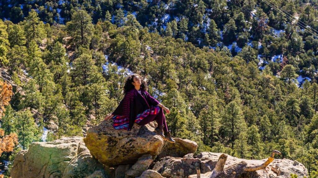 Person sitting on a rocky outcrop overlooking a forested mountain