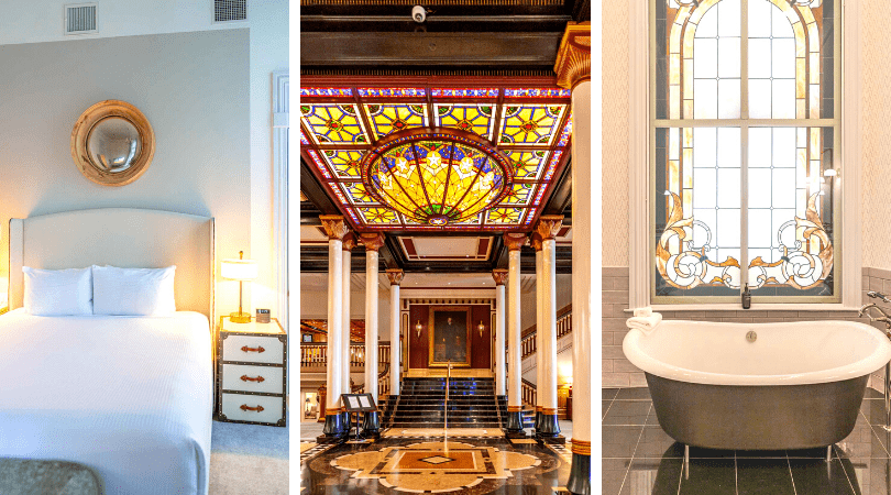 Triptych of luxury hotel interior: Modern bedroom and grand lobby 