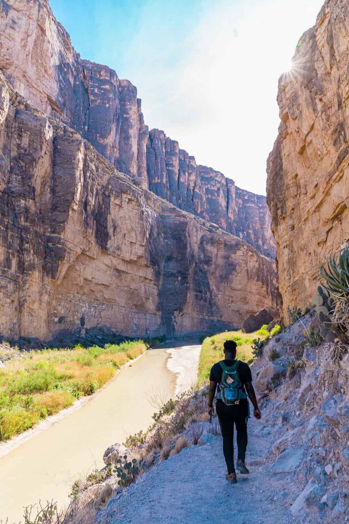 Chief hiking along Santa Elena Canyon Trail in Big Bend