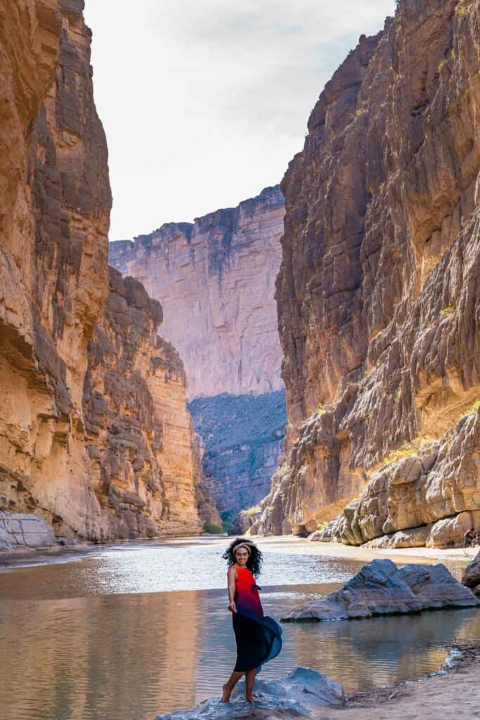 Jessica standing at the bottom of the Santa Elena Canyon in Big Bend