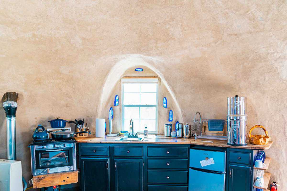 Kitchen and cave wall details inside the Texas Tatooine Cave