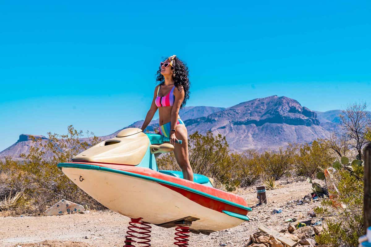 Desert view from Tin Valley Retro Rentals with the jet ski play structure in the foreground
