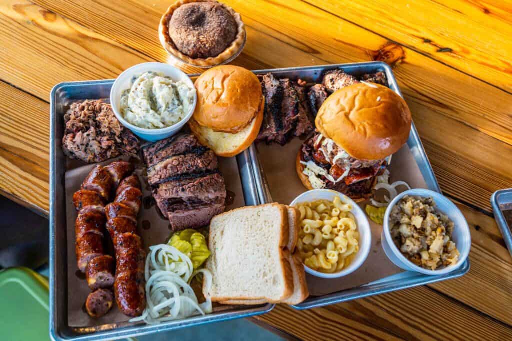 Sliders, mac and cheese, brisket, and sausage 