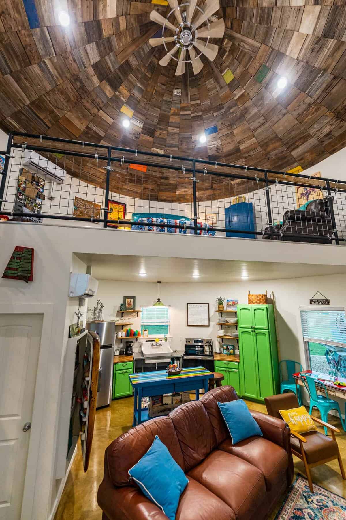 Loft Interior of the Silo Showing the Living Area, Kitchen Area and Loft Bedroom