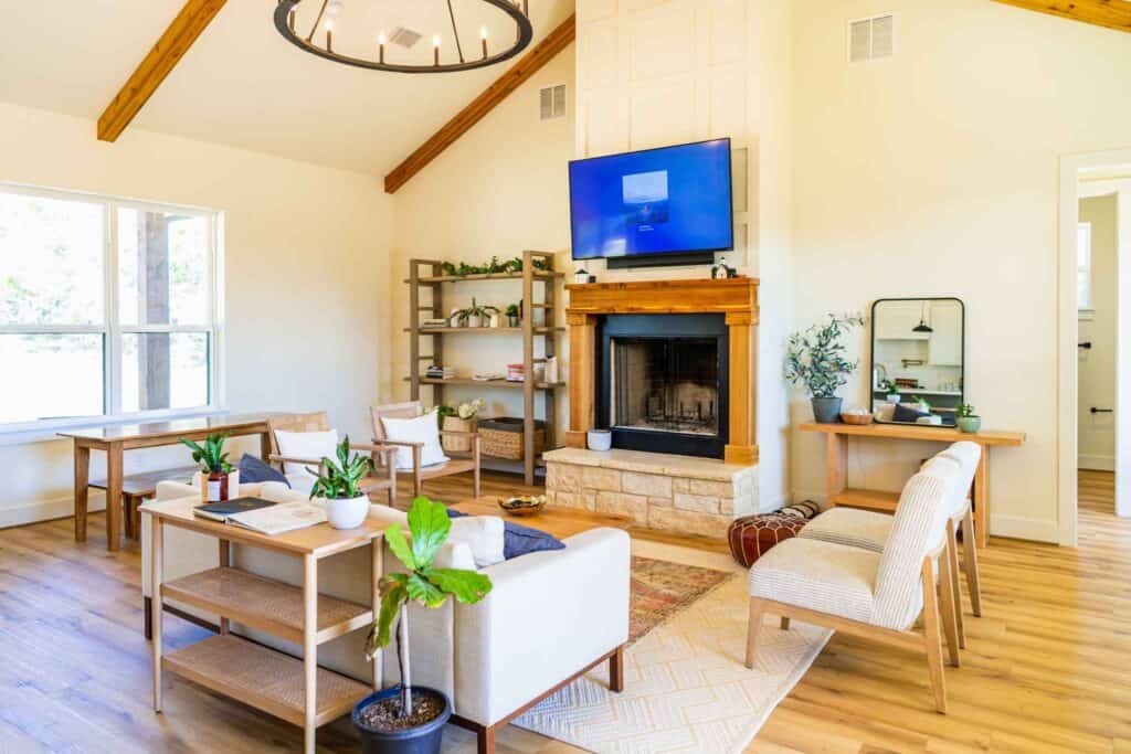 Farmhouse Living Room with Television and Fireplace