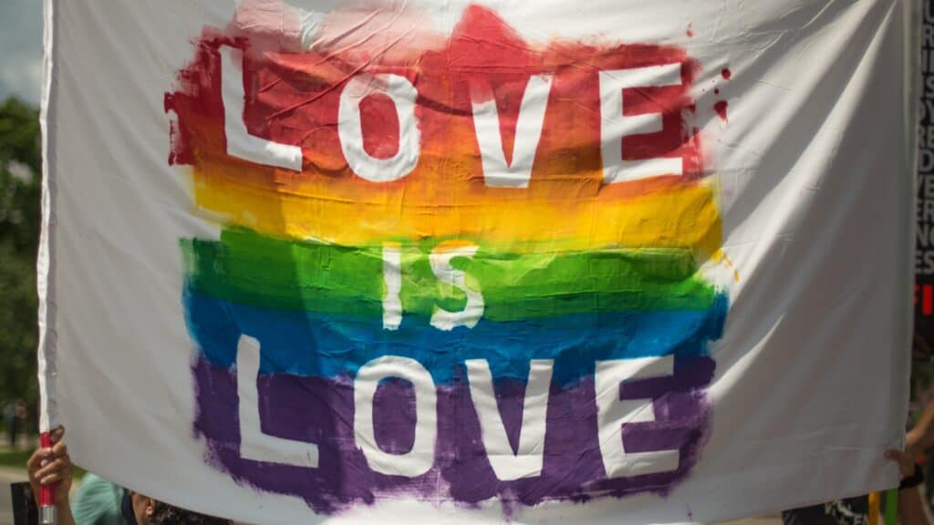 Painted make-shift banner that says Love is Love