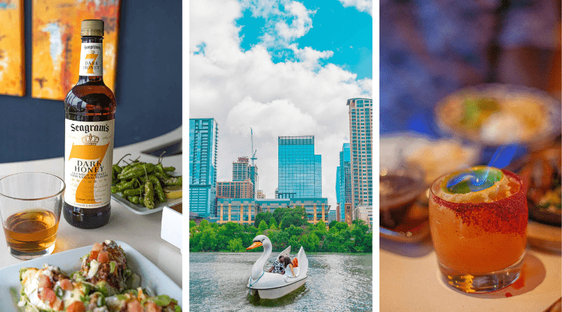 A collage of whiskey with a snack, a swan boat on a lake against a cityscape, and a close-up of a cocktail.