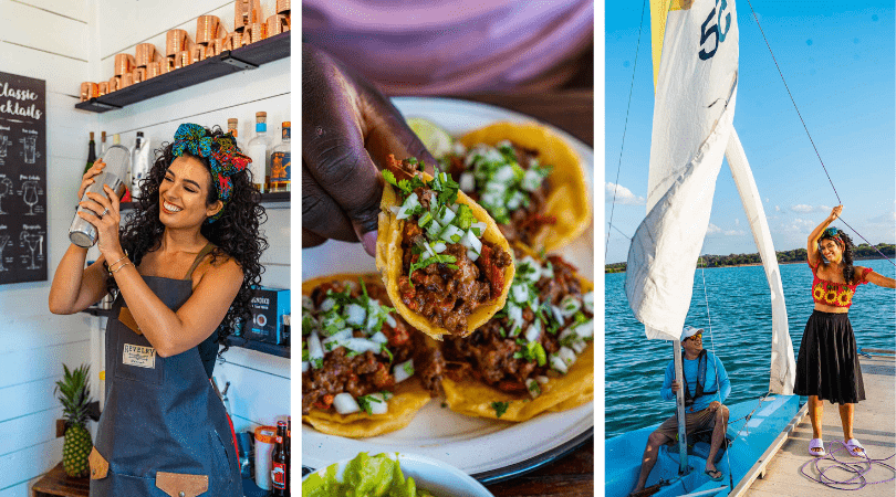 Lady doing bartending, Plate of Tacos, Lady Sailing