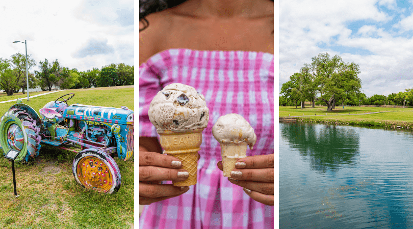 Colorful car sculpture, 2 hands holding a cone of ice cream, river park with grassland view