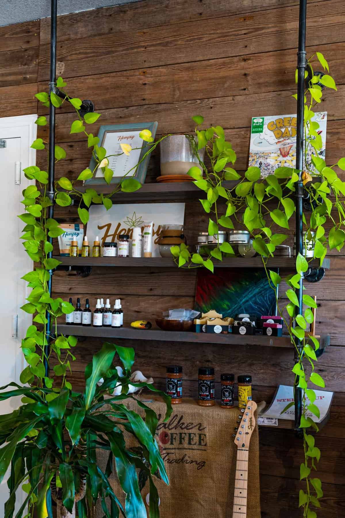 Hanging Shelves with Skin Care Products on Display