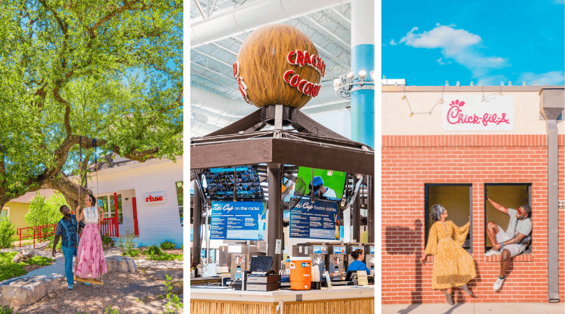 Couples by the tree swing, Food Booth, Chic-fil-a brick building with couple sitting at the large open window