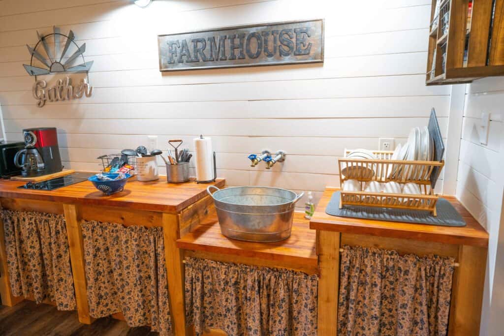 Full kitchen inside Bertram log cabin