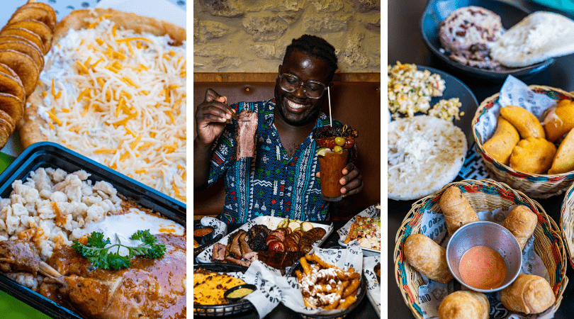 Assorted Food Photos and Man holding a drink with garnished meat across a table full of ordered food