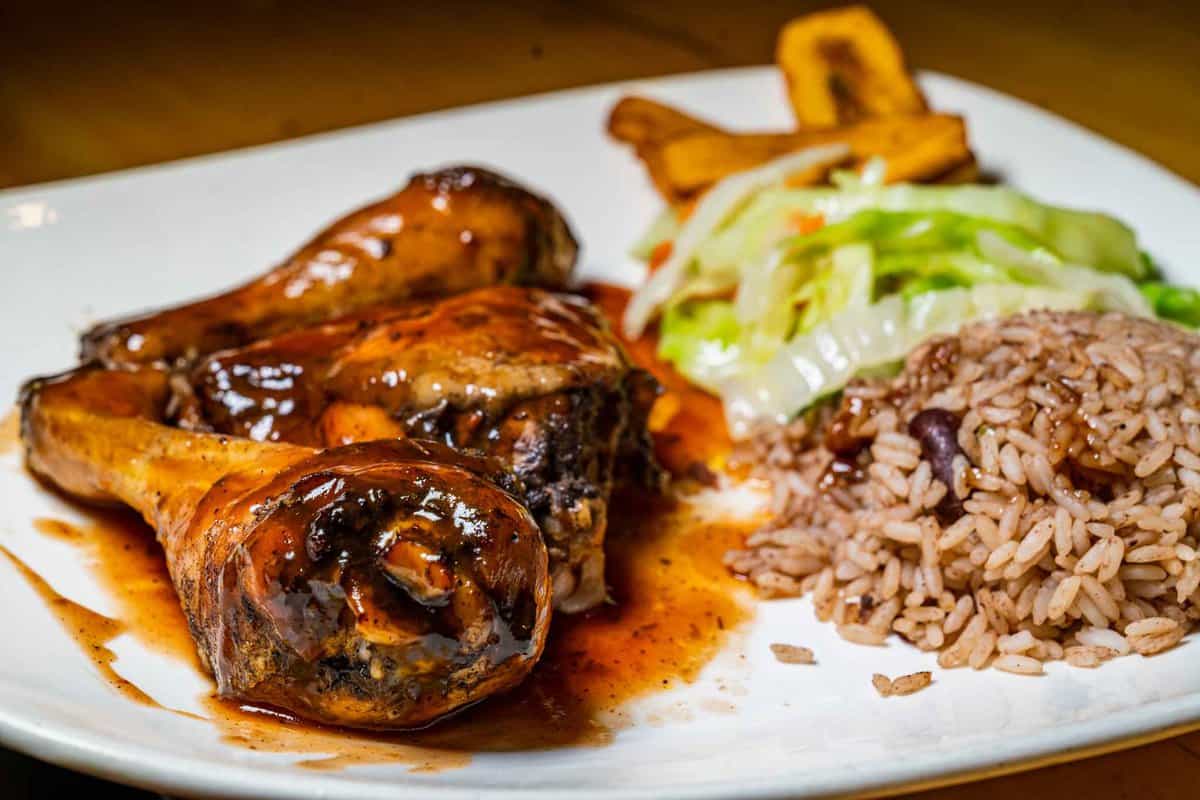 Jerk Chicken with Banana, Veggies and Rice on the side