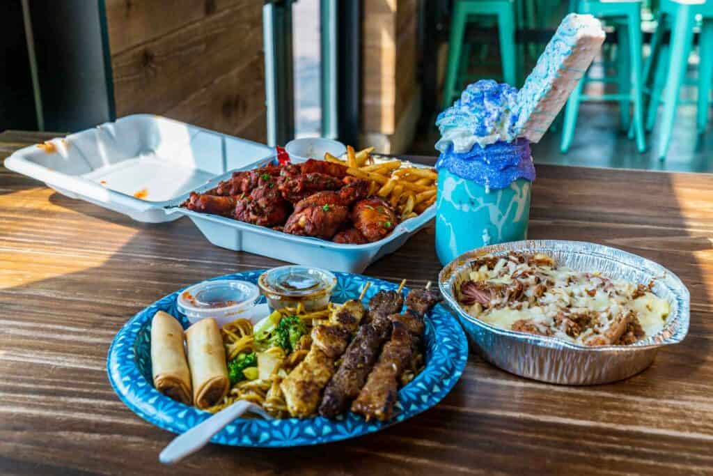 Louisiana wings, Kebab Sticks and Blue Shake drink with Blue whipped cream