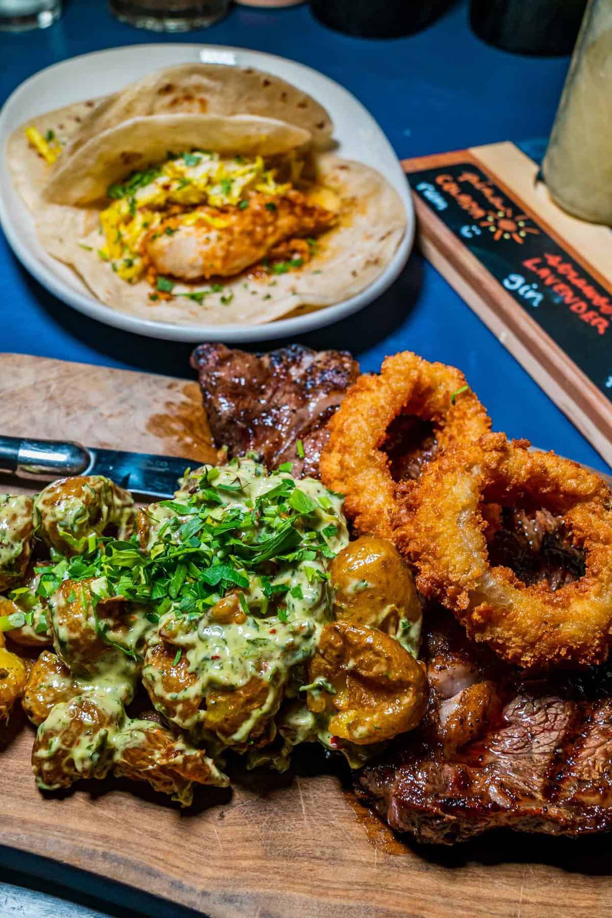 Tenderloin with Baby Potatoes and Onion Rings on the side