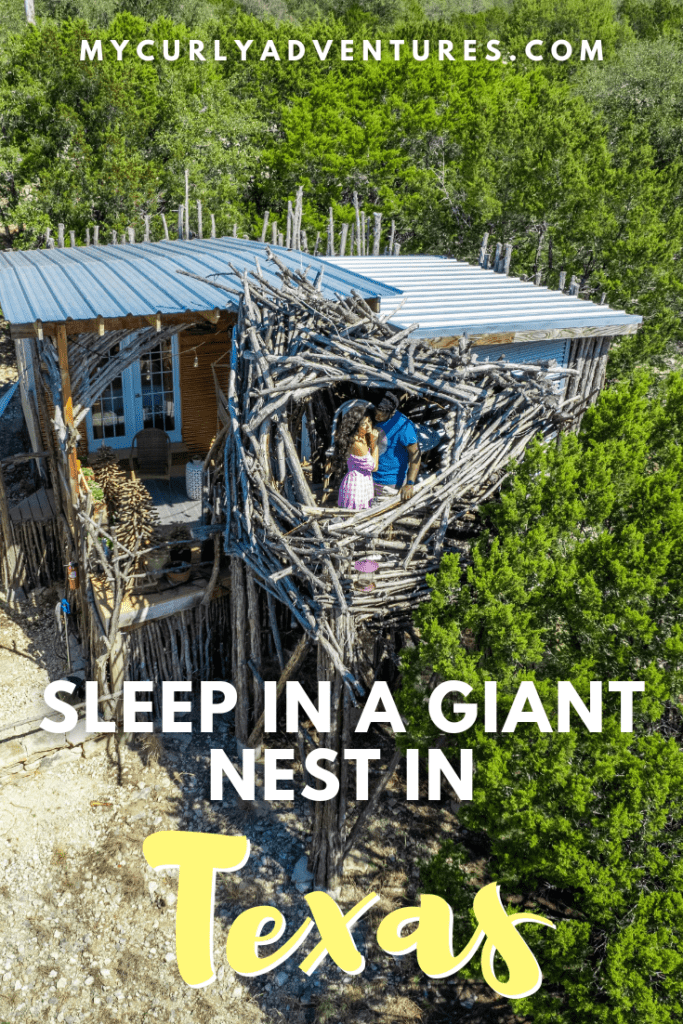 Couple posing inside the "bird-next" area of Bird Nest Cabin