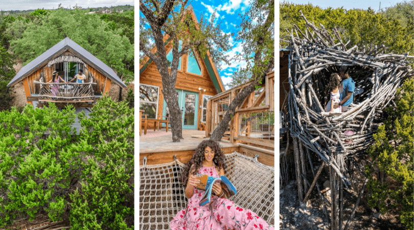 The Birdhouse Aerial View, Lady reading a book on a hammock at The Hive accommodation, Couple posing inside the "bird-next" area of Bird Nest Cabin