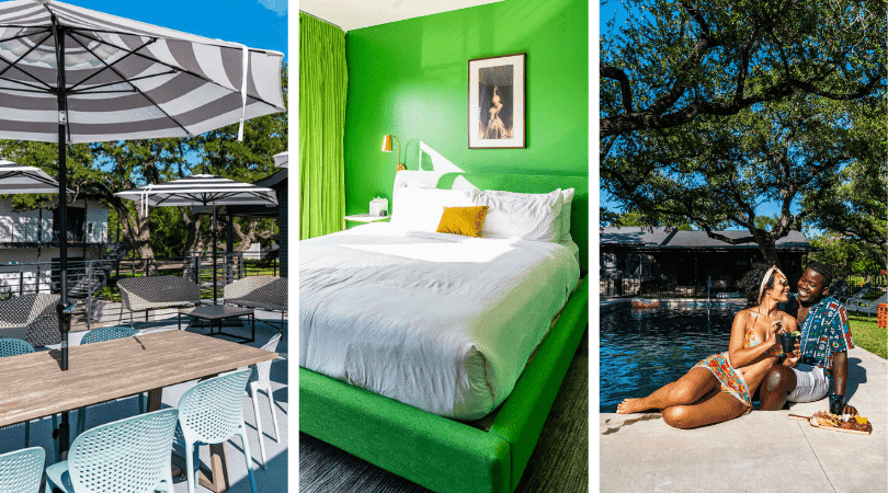 Outdoor Picnic Umbrellas, Couple by the pool side, Green themed hotel room