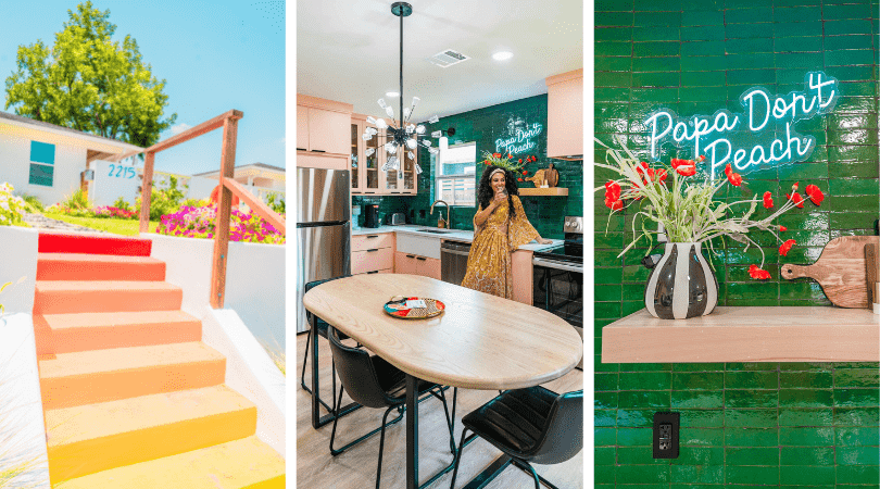 Gradient Stairway. AirBnB Living Room, Lady Posing at the AirBnB Kitchen Area