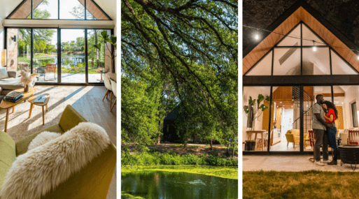 floor-to-ceiling windows in the living room that overlook the lake, lake view, Night Time View of The Live Oak Lake Cabin with Couple Posing